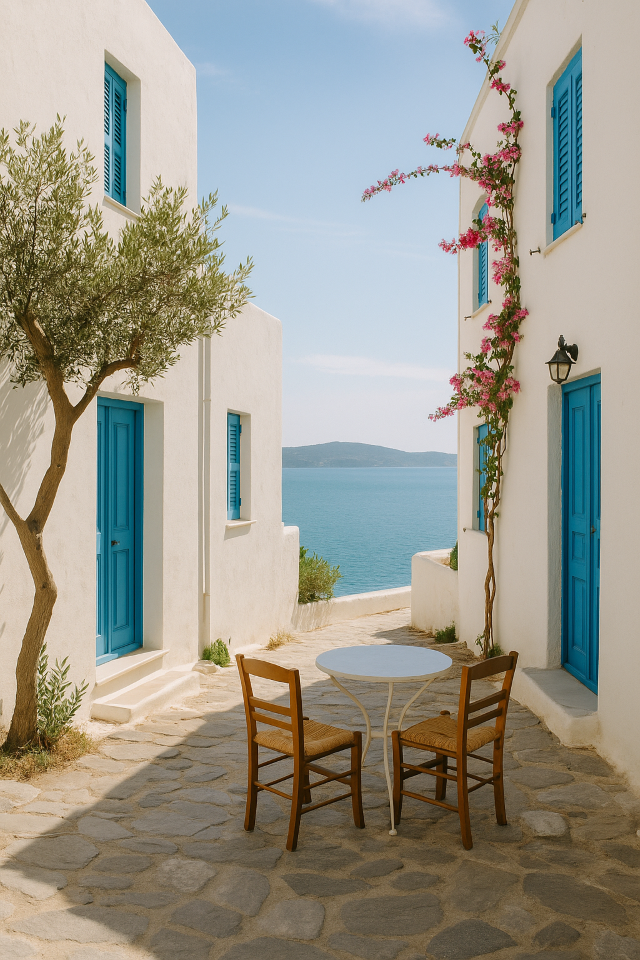 Ruelle paisible en Grece en mars avec vue sur la mer Égée