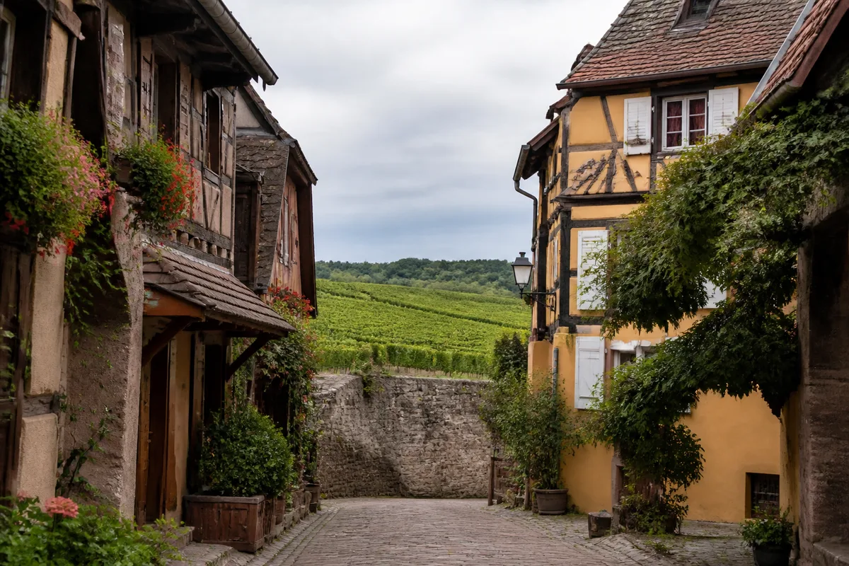 Promenade à pied dans un village viticole alsacien avec maisons colorées et vignes