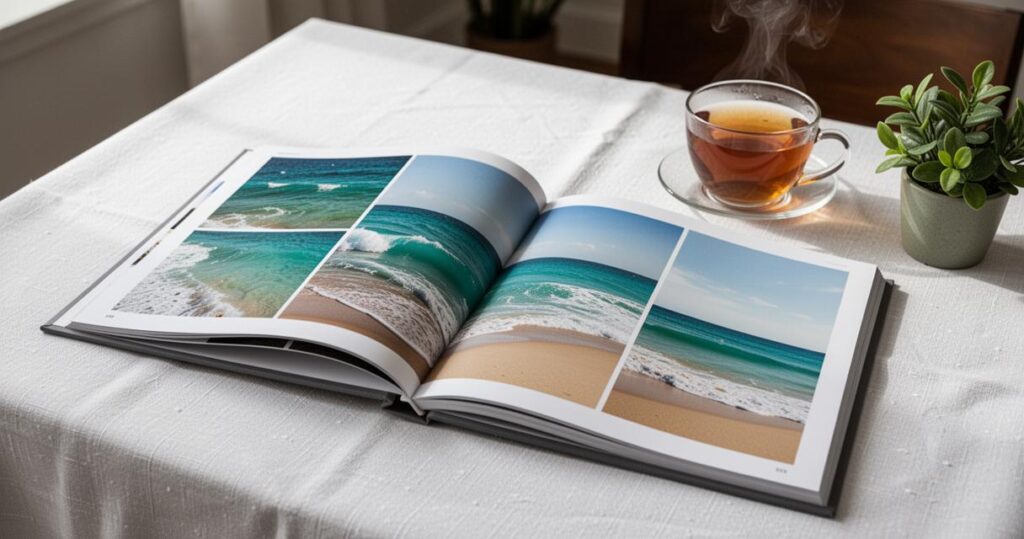Un livre photo voyage ouvert sur une table montrant une composition dynamique de paysages marins.