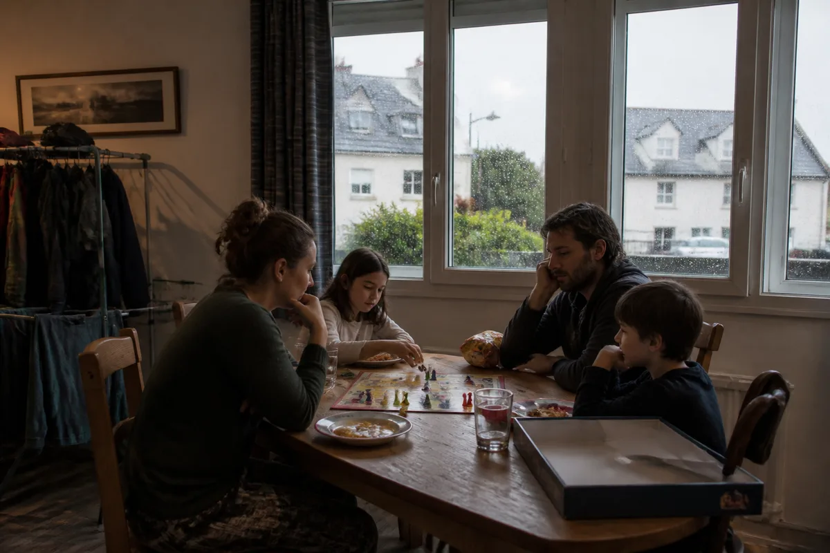 Famille installée dans un hébergement de vacances pendant une journée pluvieuse